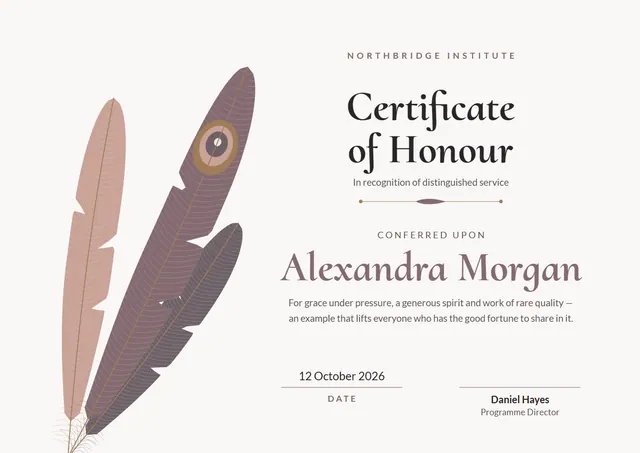 Coral Botanical Certificate of Honour template, A4 landscape, in coral
