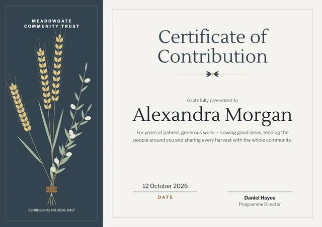 Charcoal Leafy Certificate of Contribution template, A4 landscape, in charcoal grey