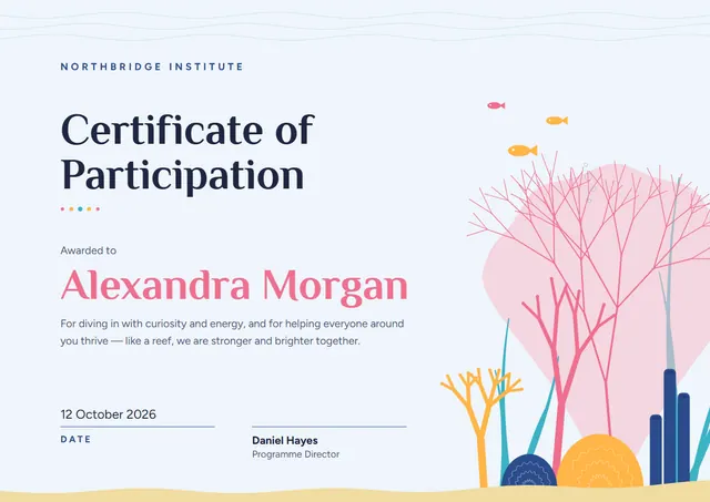 Pink Wave Certificate of Participation template, A4 landscape, in pink