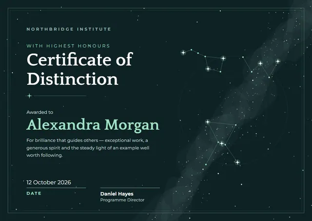Black Starry Certificate of Distinction template, A4 landscape, in black