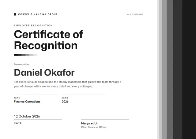 Black Minimal Certificate of Recognition template, A4 landscape, in black