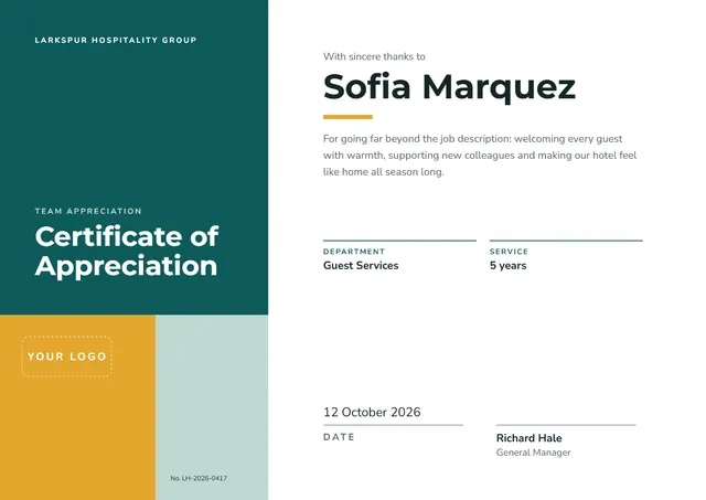 Teal Banded Certificate of Appreciation template, A4 landscape, in teal