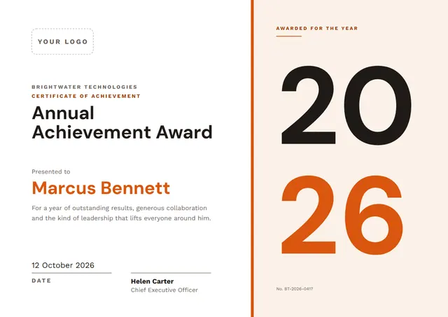 Orange Banded Annual Award template, A4 landscape, in orange