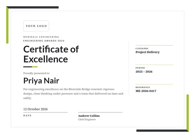 Lime Ornate Certificate of Excellence template, A4 landscape, in lime