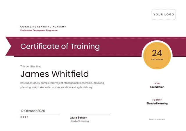 Burgundy Ribbon Training Certificate template, A4 landscape, in burgundy