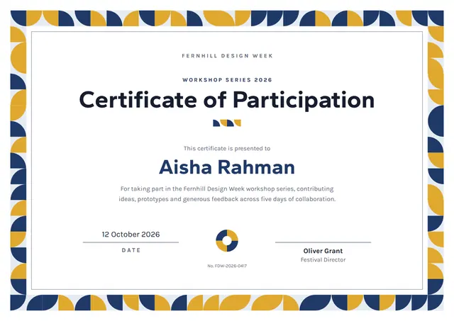 Navy Geometric Certificate of Participation template, A4 landscape, in navy