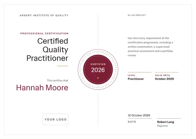 Burgundy Seal Professional Certificate template, A4 landscape, in burgundy
