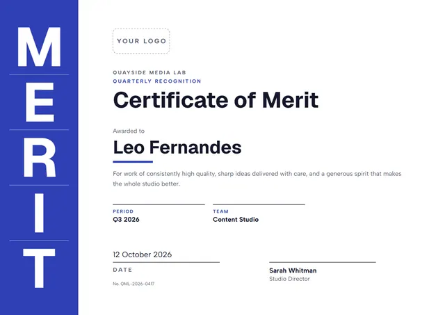 Steel Blue Banded Certificate of Merit template, A4 landscape, in steel blue