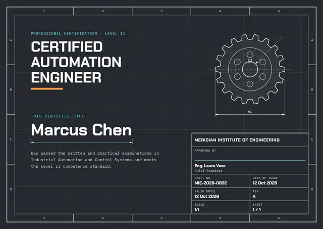 Sky Blue Gear Technical Certificate template, A4 landscape, in sky blue