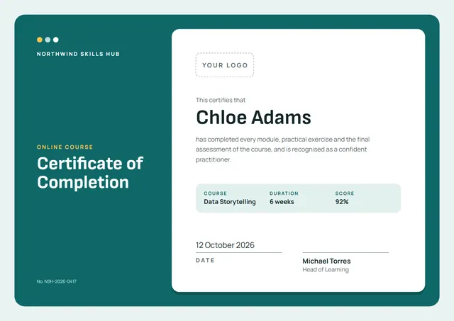 Teal Minimal Certificate of Completion template, A4 landscape, in teal