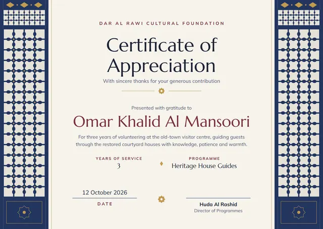 Navy Starry Certificate of Appreciation template, A4 landscape, in navy