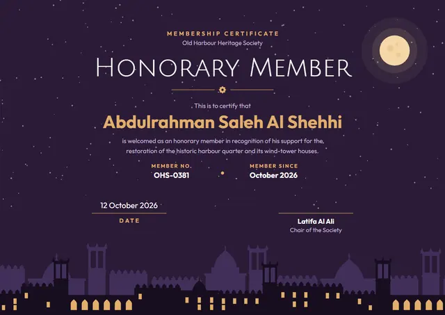 Midnight Moonlit Certificate of Membership template, A4 landscape, in midnight blue