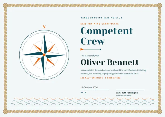 Teal Wave Sailing & Swimming Certificate template, A4 landscape, in teal