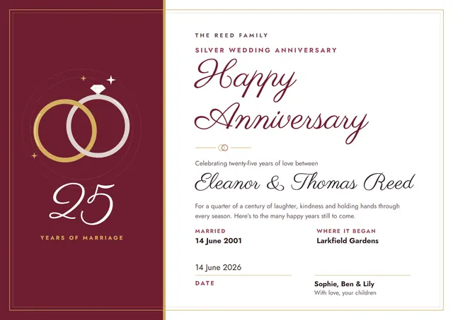 Burgundy Starry Wedding Anniversary Certificate template, A4 landscape, in burgundy