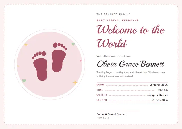 Raspberry Starry New Baby Keepsake Certificate template, A4 landscape, in raspberry