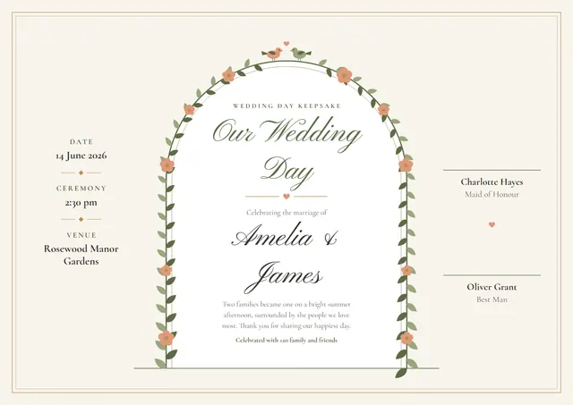 Olive Floral Wedding Keepsake Certificate template, A4 landscape, in olive