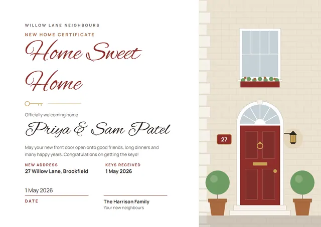 Brick Red Ribbon New Home Certificate template, A4 landscape, in brick red