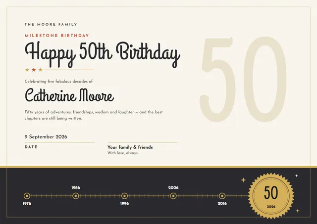 Gold Medal Milestone Birthday Certificate template, A4 landscape, in gold