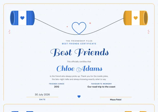Gold Starry Best Friends Certificate template, A4 landscape, in gold