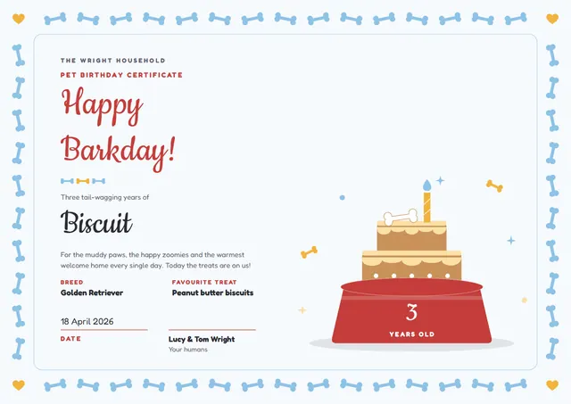 Sky Blue Starry Pet's Birthday Certificate template, A4 landscape, in sky blue