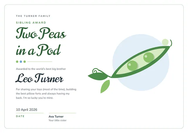 Forest Green Leafy Best Sibling Award template, A4 landscape, in forest green