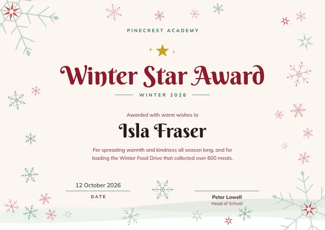 Crimson Starry Seasonal Award template, A4 landscape, in crimson