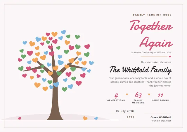 Rose Mountain Family Reunion Certificate template, A4 landscape, in rose