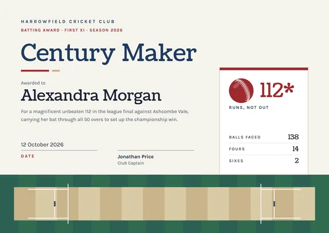 Emerald Wave Cricket Certificate template, A4 landscape, in emerald