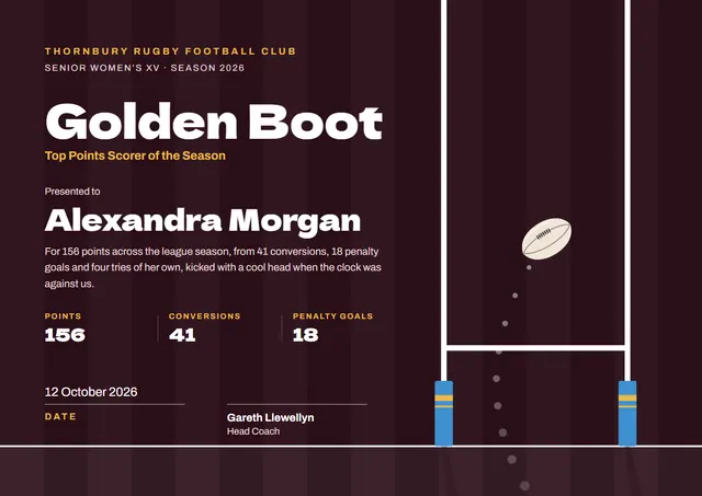 Burgundy Wave Rugby Certificate template, A4 landscape, in burgundy