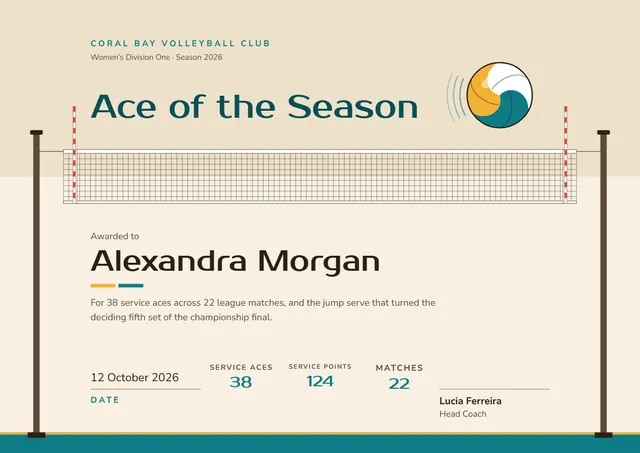 Teal Wave Volleyball Certificate template, A4 landscape, in teal