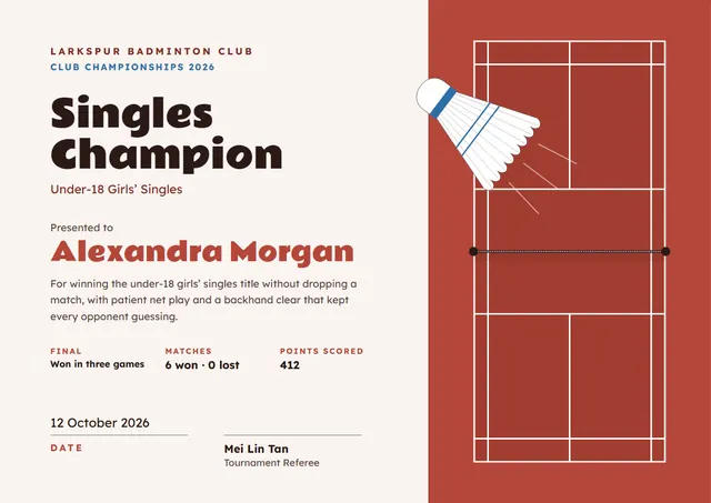 Terracotta Wave Badminton Certificate template, A4 landscape, in terracotta