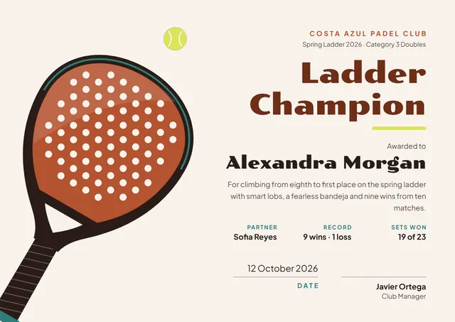 Chocolate Wave Padel Certificate template, A4 landscape, in chocolate