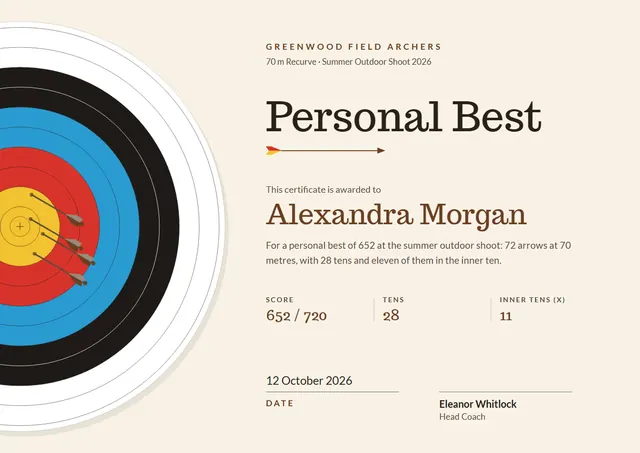 Sky Blue Chart Archery Certificate template, A4 landscape, in sky blue