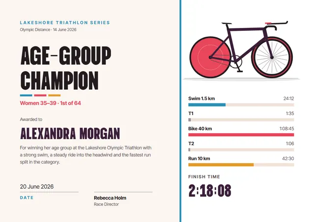 Red Wave Triathlon Certificate template, A4 landscape, in red