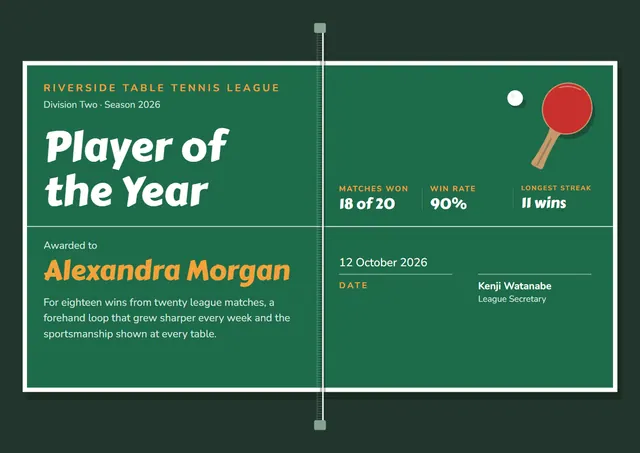 Forest Green Chart Table Tennis Certificate template, A4 landscape, in forest green