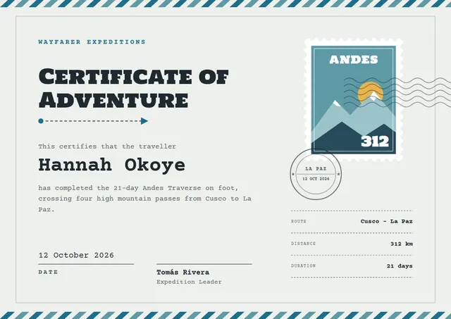Steel Blue Sunburst Travel Adventure Certificate template, A4 landscape, in steel blue