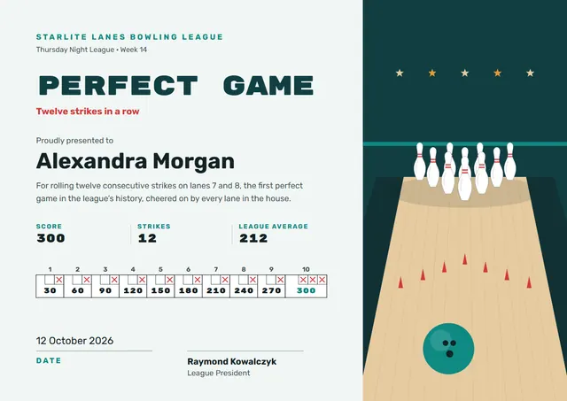 Forest Green Starry Bowling Certificate template, A4 landscape, in forest green