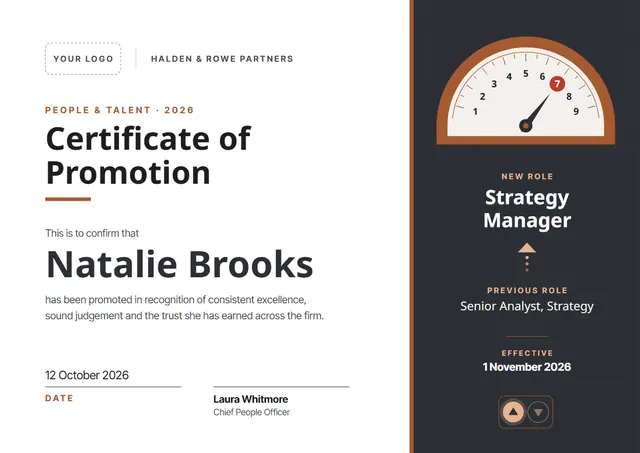 Copper Banded Promotion Certificate template, A4 landscape, in copper
