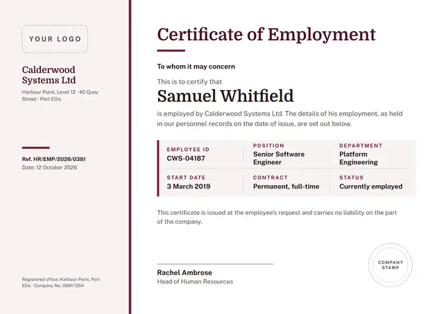 Burgundy Banded Certificate of Employment template, A4 landscape, in burgundy