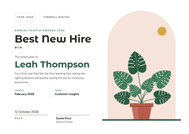 Forest Green Sunburst Best New Hire Award template, A4 landscape, in forest green