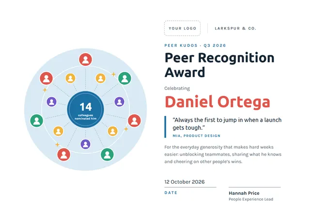 Coral Starry Peer Kudos Certificate template, A4 landscape, in coral