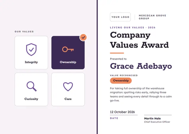 Charcoal Heart Company Values Award template, A4 landscape, in charcoal grey
