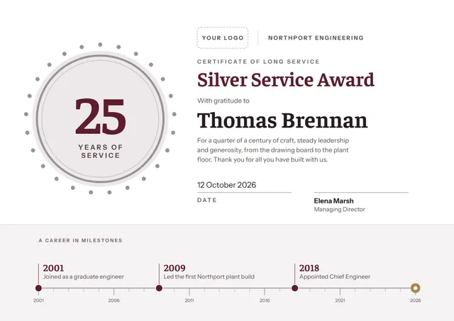 Burgundy Medal 25 Years of Service Award template, A4 landscape, in burgundy