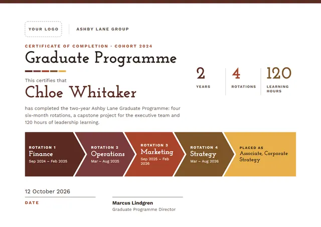 Chocolate Geometric Graduate Programme Completion Certificate template, A4 landscape, in chocolate