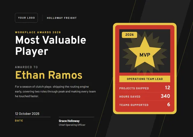 Sunshine Yellow Starry Workplace MVP Award template, A4 landscape, in sunshine yellow