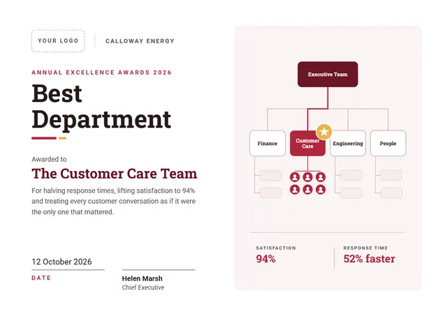 Burgundy Starry Best Department Award template, A4 landscape, in burgundy