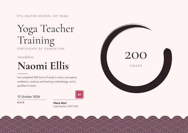 Mauve Seal Yoga Teacher Training Certificate template, A4 landscape, in mauve