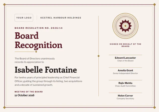 Burgundy Seal Board Recognition Award template, A4 landscape, in burgundy
