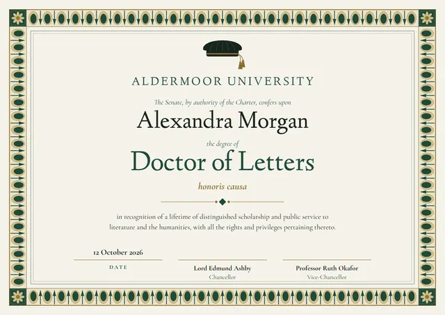 Forest Green Tassel Honorary Doctorate template, A4 landscape, in forest green