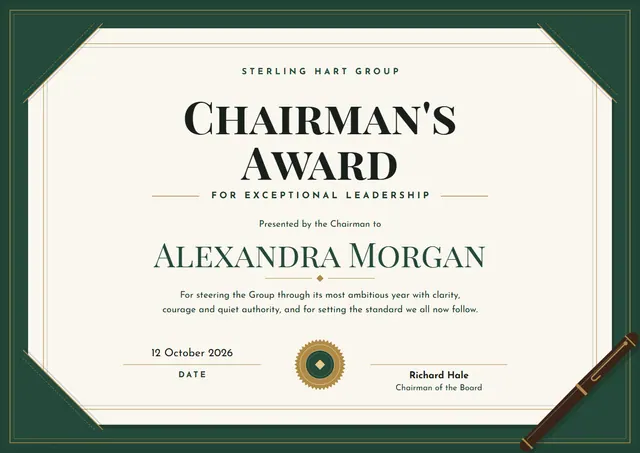 Forest Green Seal Chairman's Award template, A4 landscape, in forest green